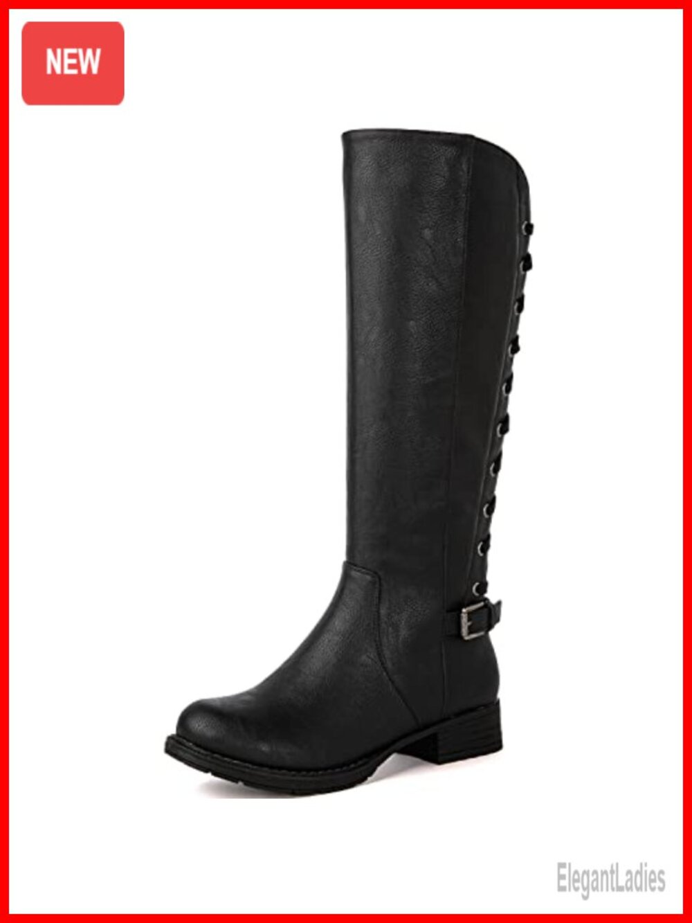 Quilted Faux Leather Knee High Boots Lace Up Back Low Heel Side Zip
